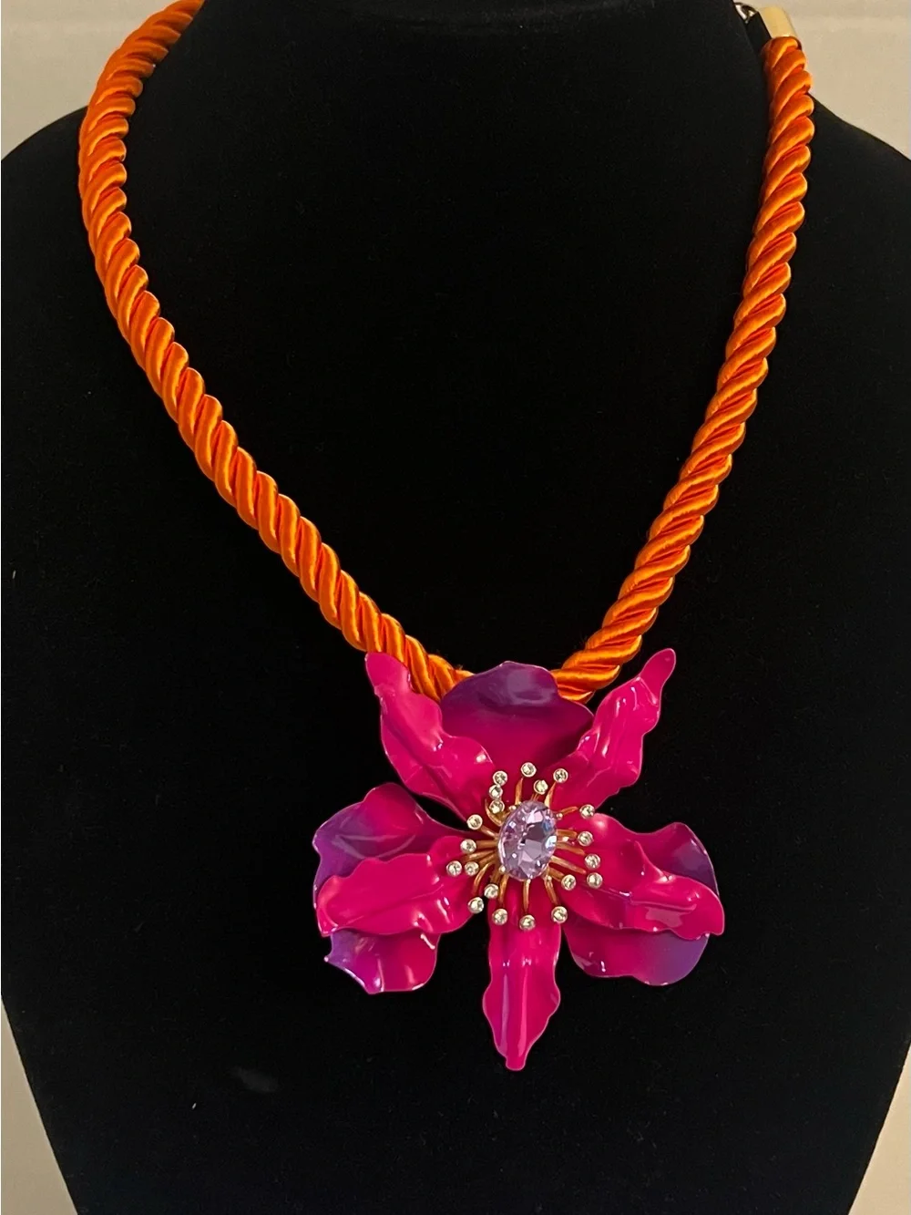 Betsey Johnson Orange Rope Necklace with Hot Pink Floral Pendant - Picture 12 of 16